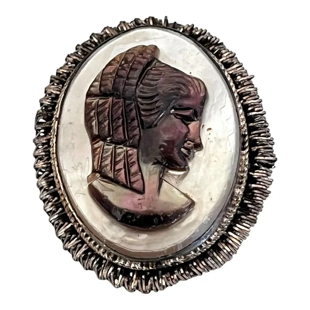 Vintage 1960s Cameo Brooch Pendant Abalone Shell Sterling Silver 925 - 8U